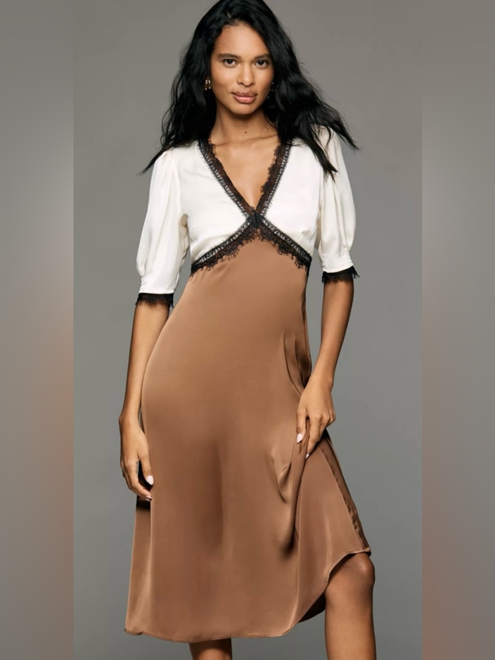 NWT Anthropologie Two-Tone Lace-Trim midi in Cream and Brown.Size 1X